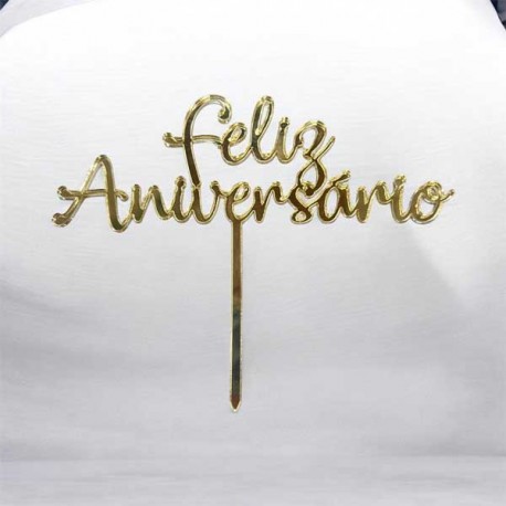 Topo de Bolo Feliz Aniversario Dourado